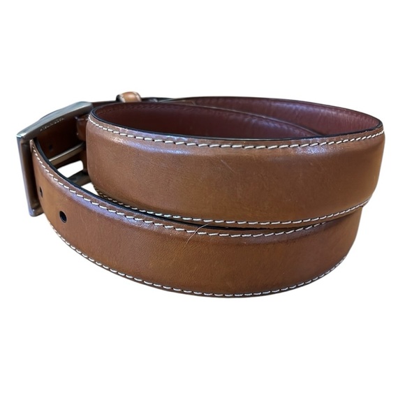 Peter Elliot Tan Leather Belt 34” Silver-Tone Brass Buckle Contrast Stitch Italy - Picture 14 of 16